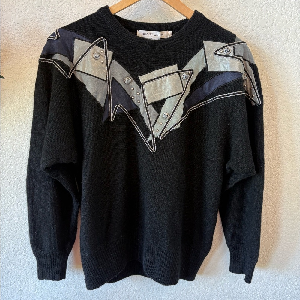 Vintage Dolman Sleeve Silk Sweater with Navy and Grey Embellishments